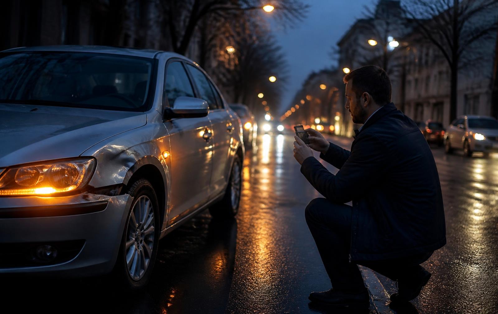 Șofer care fotografiază avariile mașinii după un accident rutier